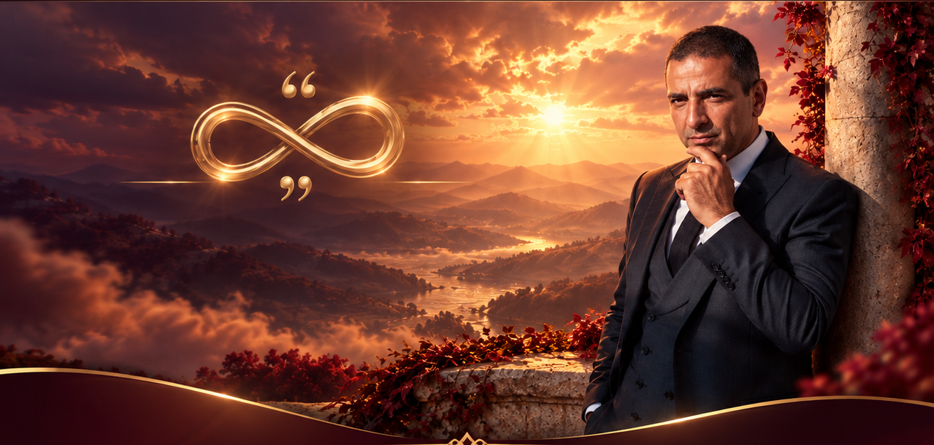 The Unheard Words creator artwork: golden sunset, infinity symbol and creator portrait.